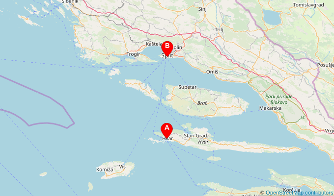 Map of ferry route between Hvar and Split